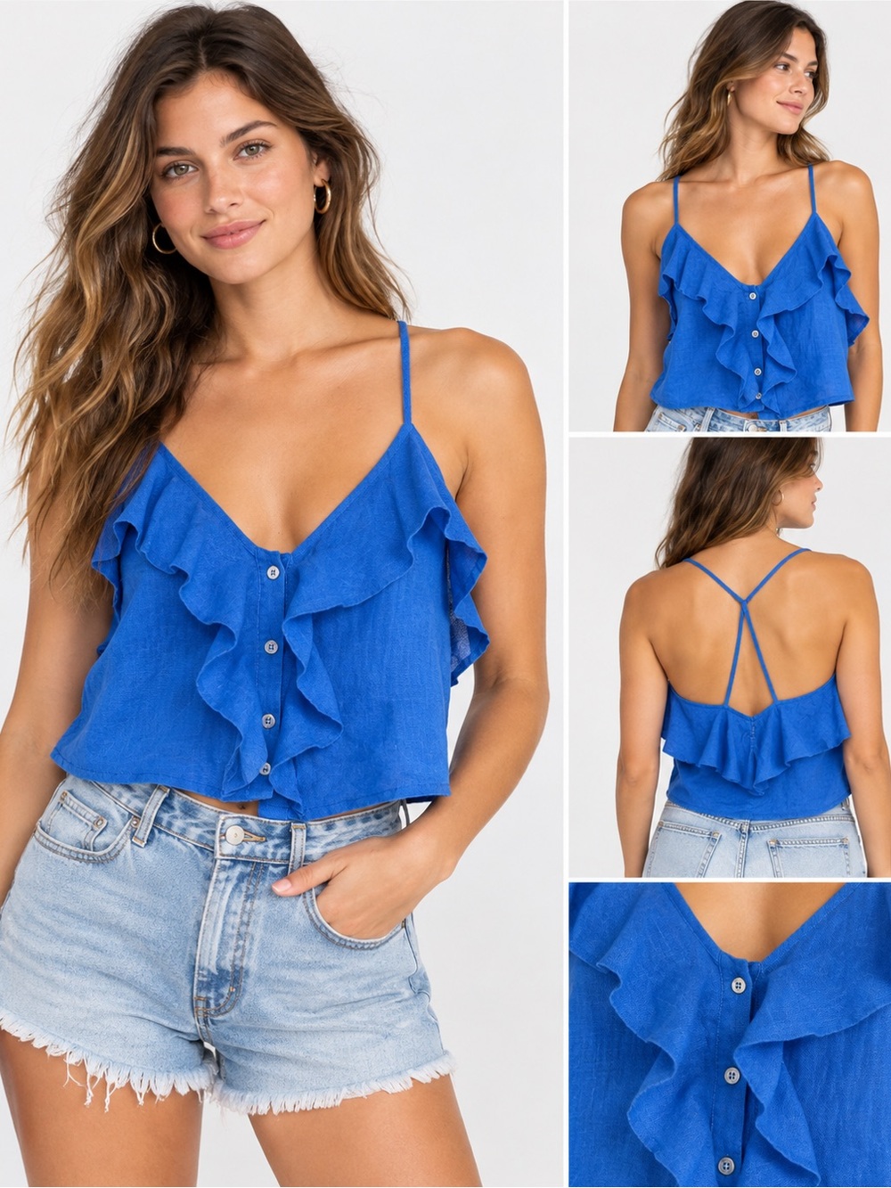 Mango Casual Blue Linen Ruffle Crop Top XS Strappy Button Front - NWT